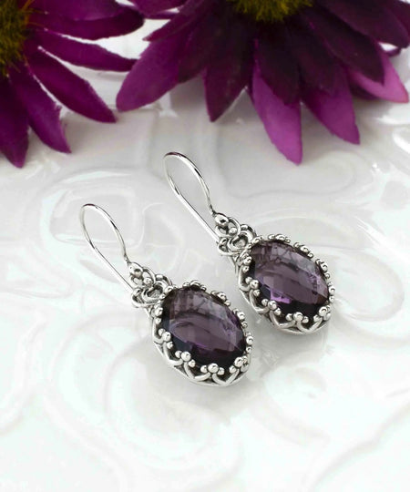 Filigree Art Amethyst Gemstone Crown Figured Women Silver Oval Drop Earrings - Drakoi Marketplace