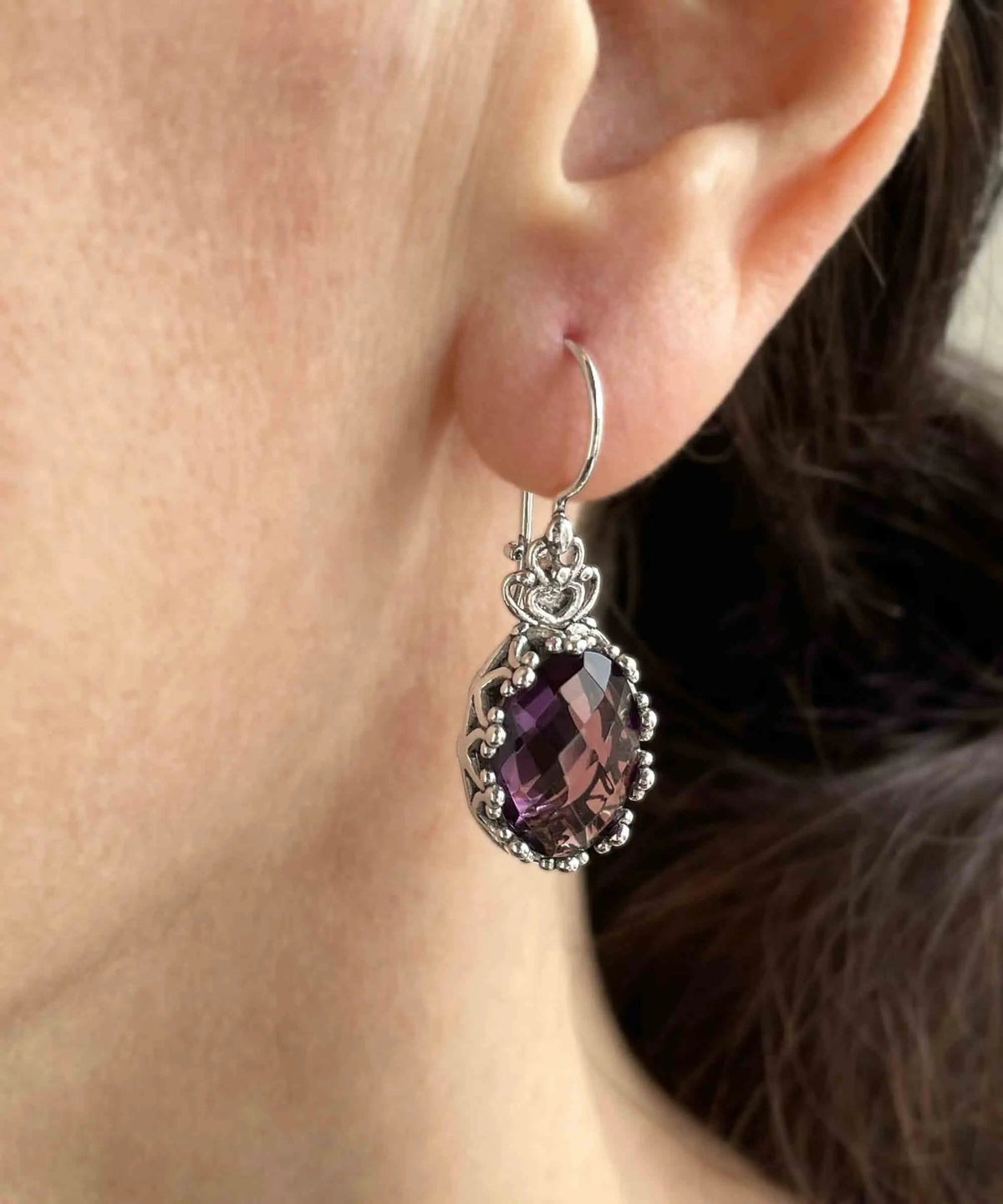 Filigree Art Amethyst Gemstone Crown Figured Women Silver Oval Drop Earrings - Drakoi Marketplace