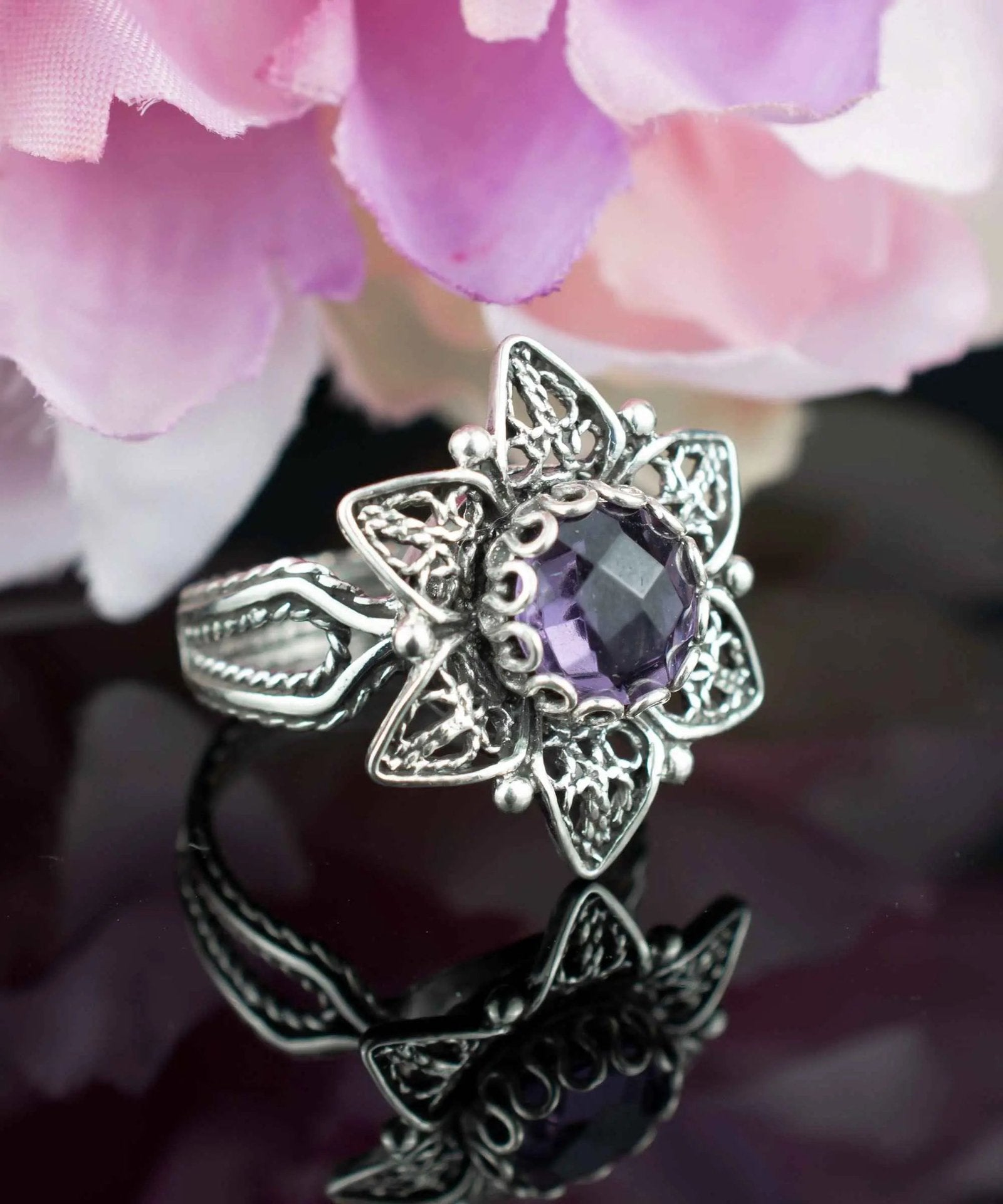 Filigree Art Amethyst Gemstone Daisy Flower Women Silver Cocktail Ring - Drakoi Marketplace