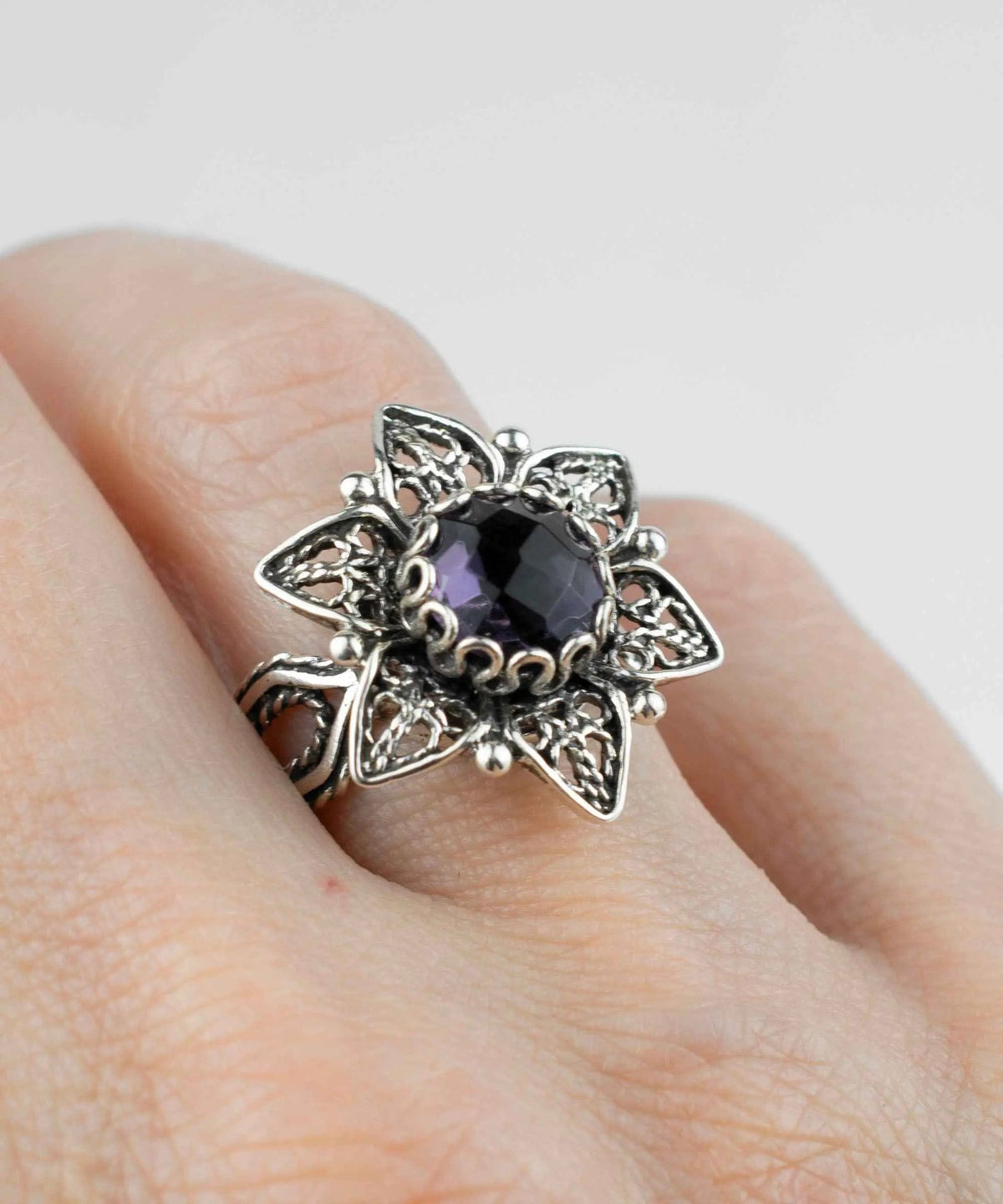 Filigree Art Amethyst Gemstone Daisy Flower Women Silver Cocktail Ring - Drakoi Marketplace