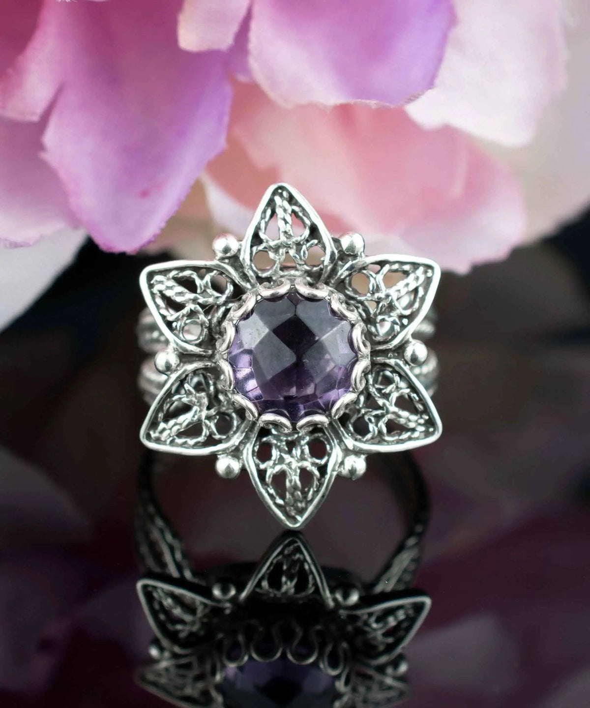 Filigree Art Amethyst Gemstone Daisy Flower Women Silver Cocktail Ring - Drakoi Marketplace