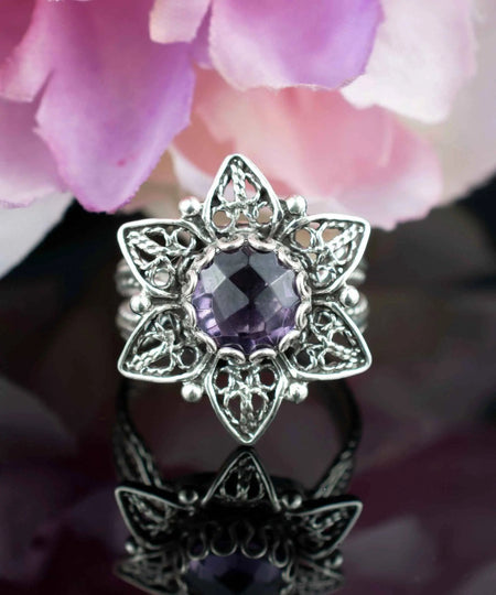 Filigree Art Amethyst Gemstone Daisy Flower Women Silver Cocktail Ring - Drakoi Marketplace