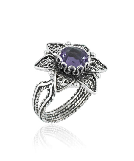 Filigree Art Amethyst Gemstone Daisy Flower Women Silver Cocktail Ring - Drakoi Marketplace