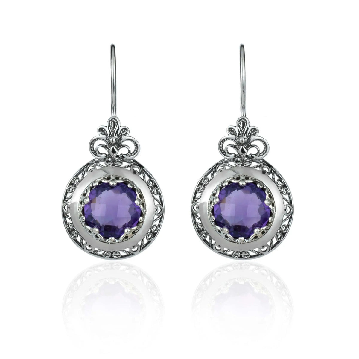 Filigree Art Amethyst Gemstone Floral Design Women Silver Drop Earrings - Drakoi Marketplace