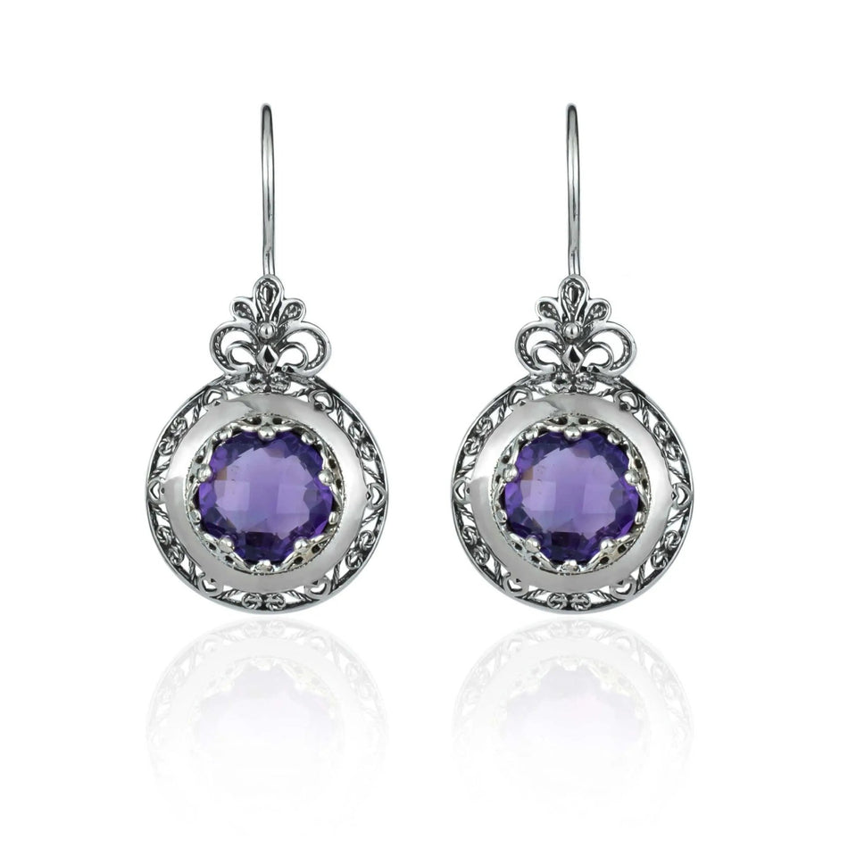 Filigree Art Amethyst Gemstone Floral Design Women Silver Drop Earrings - Drakoi Marketplace