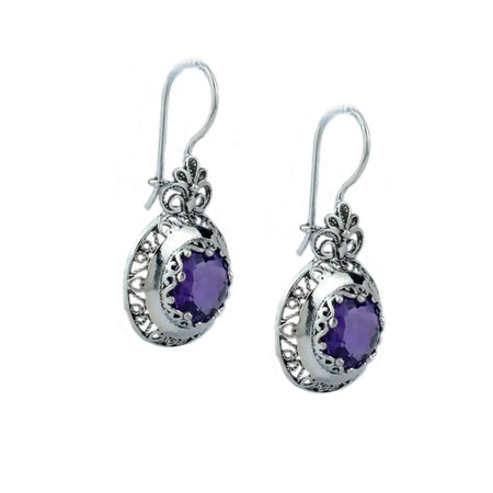 Filigree Art Amethyst Gemstone Floral Design Women Silver Drop Earrings - Drakoi Marketplace