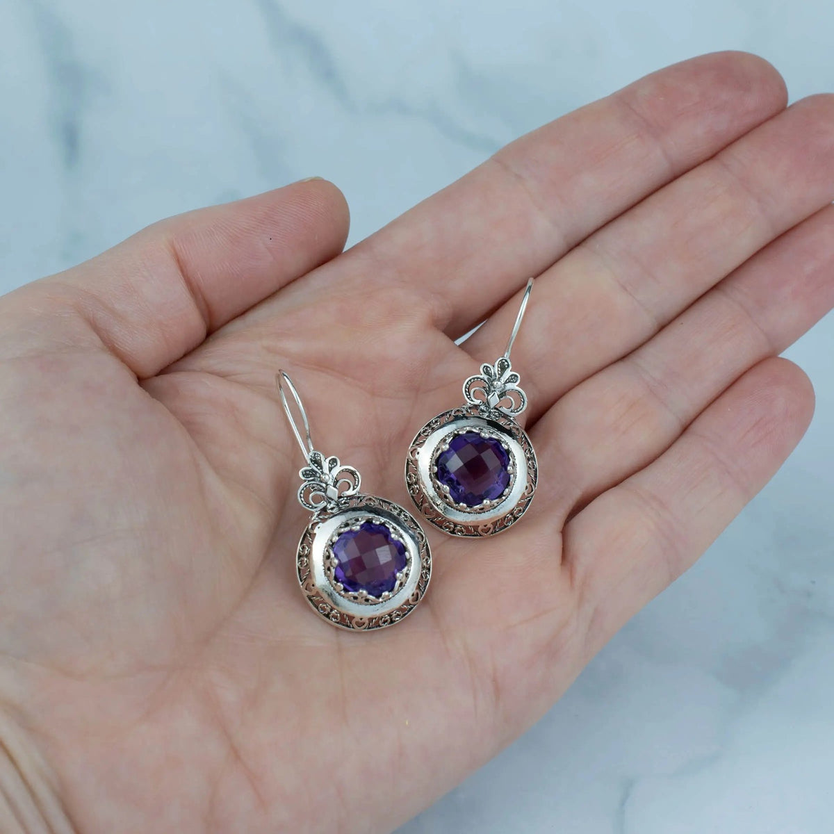 Filigree Art Amethyst Gemstone Floral Design Women Silver Drop Earrings - Drakoi Marketplace