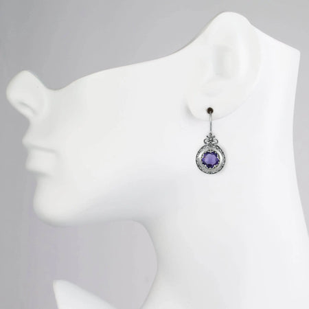 Filigree Art Amethyst Gemstone Floral Design Women Silver Drop Earrings - Drakoi Marketplace