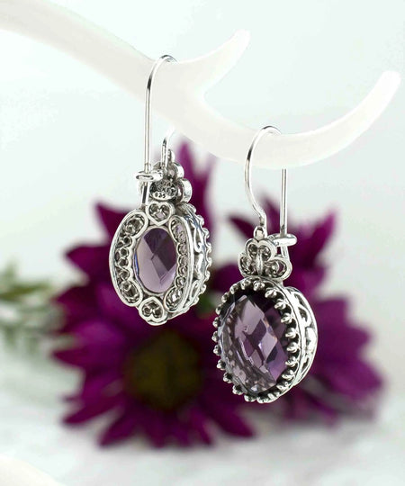 Filigree Art Amethyst Gemstone Heart Detailed Women Silver Oval Drop Earrings - Drakoi Marketplace