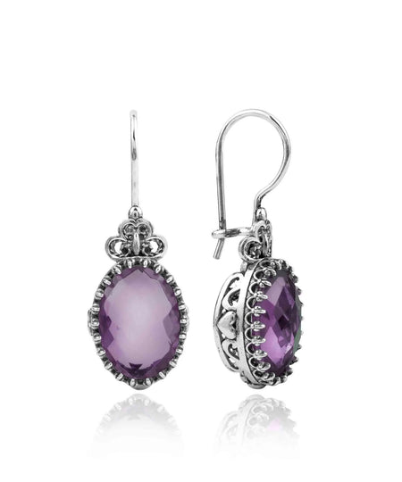 Filigree Art Amethyst Gemstone Heart Detailed Women Silver Oval Drop Earrings - Drakoi Marketplace