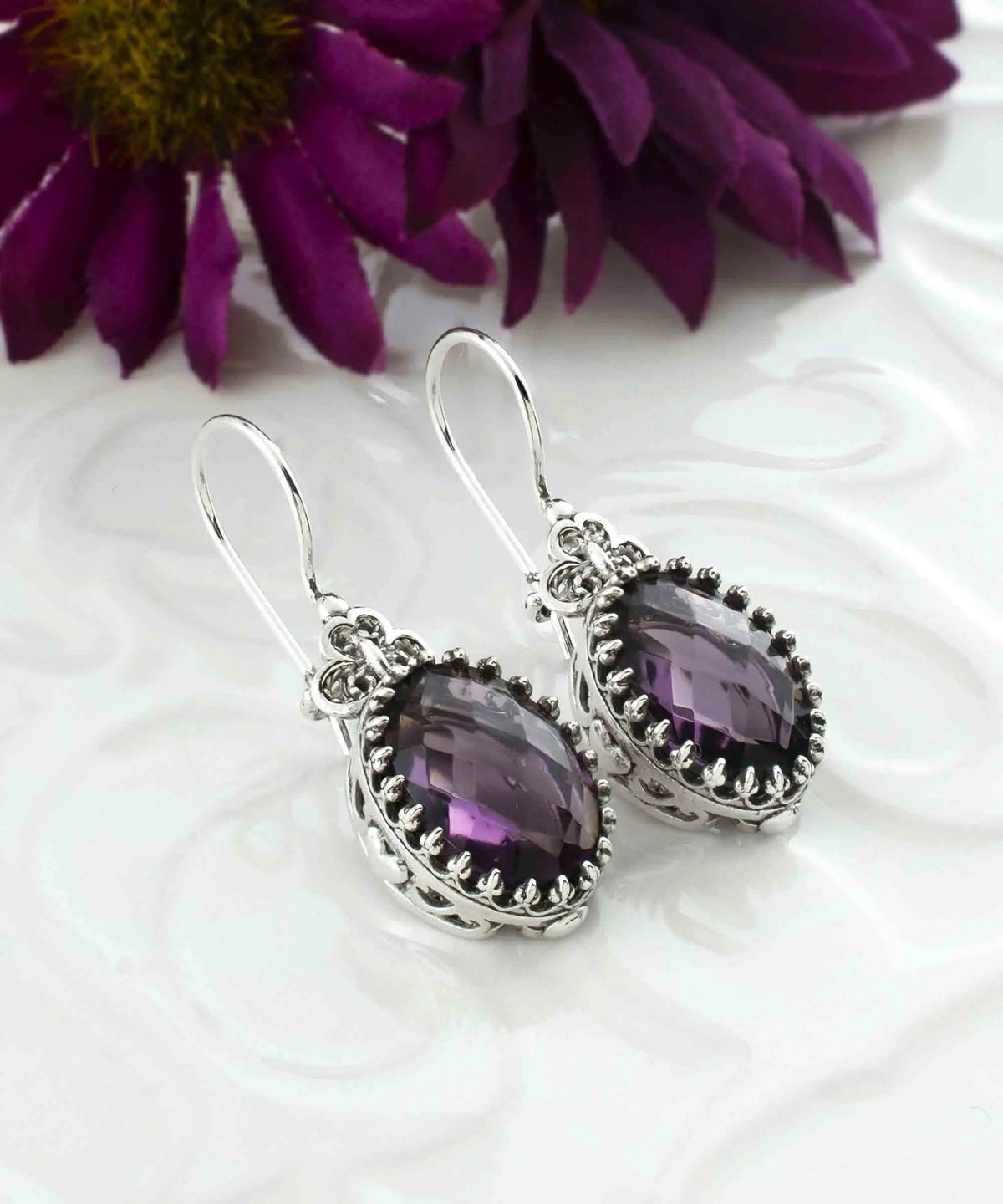 Filigree Art Amethyst Gemstone Heart Detailed Women Silver Oval Drop Earrings - Drakoi Marketplace