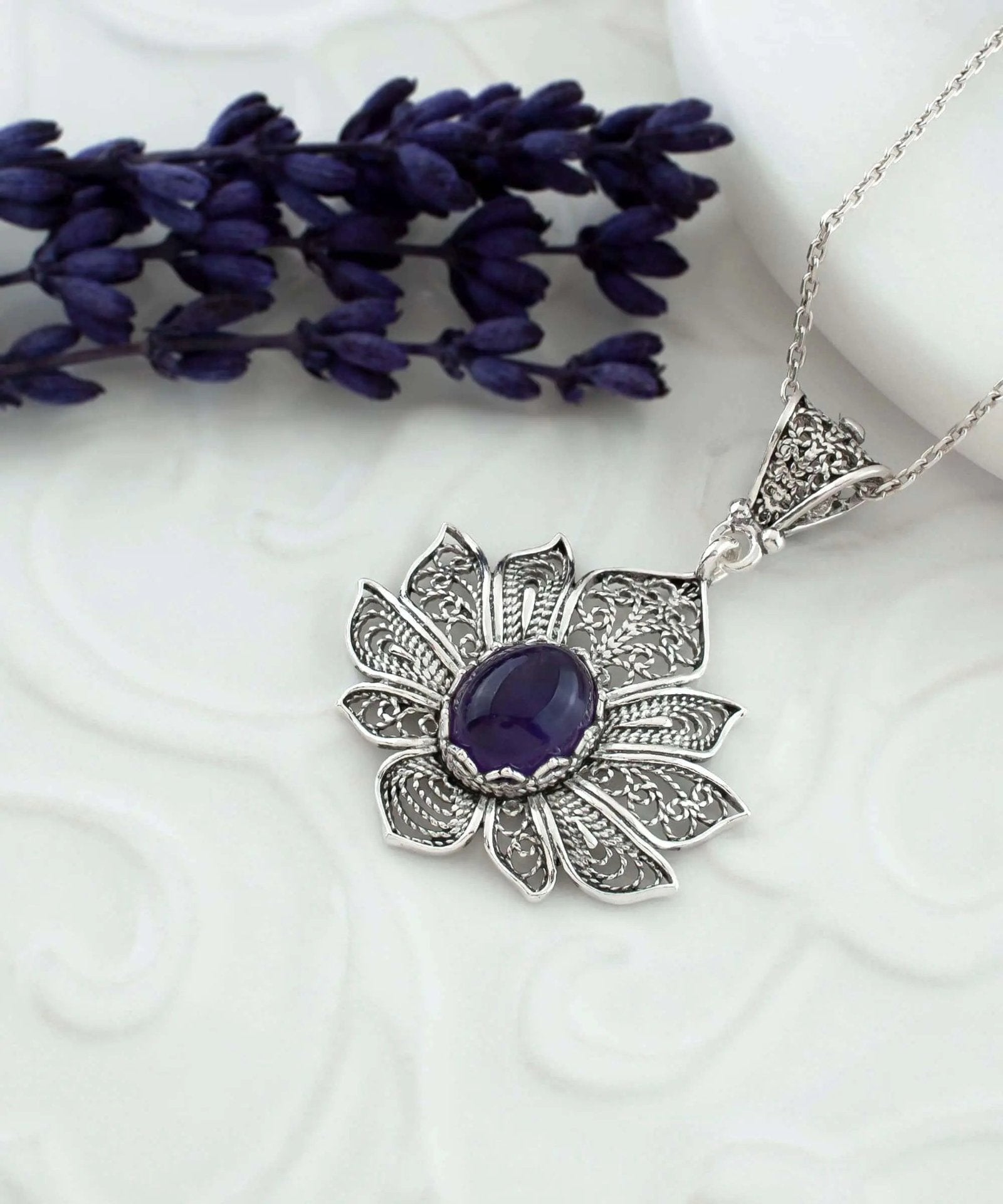 Filigree Art Amethyst Gemstone Lotus Flower Women Silver Pendant Necklace - Drakoi Marketplace