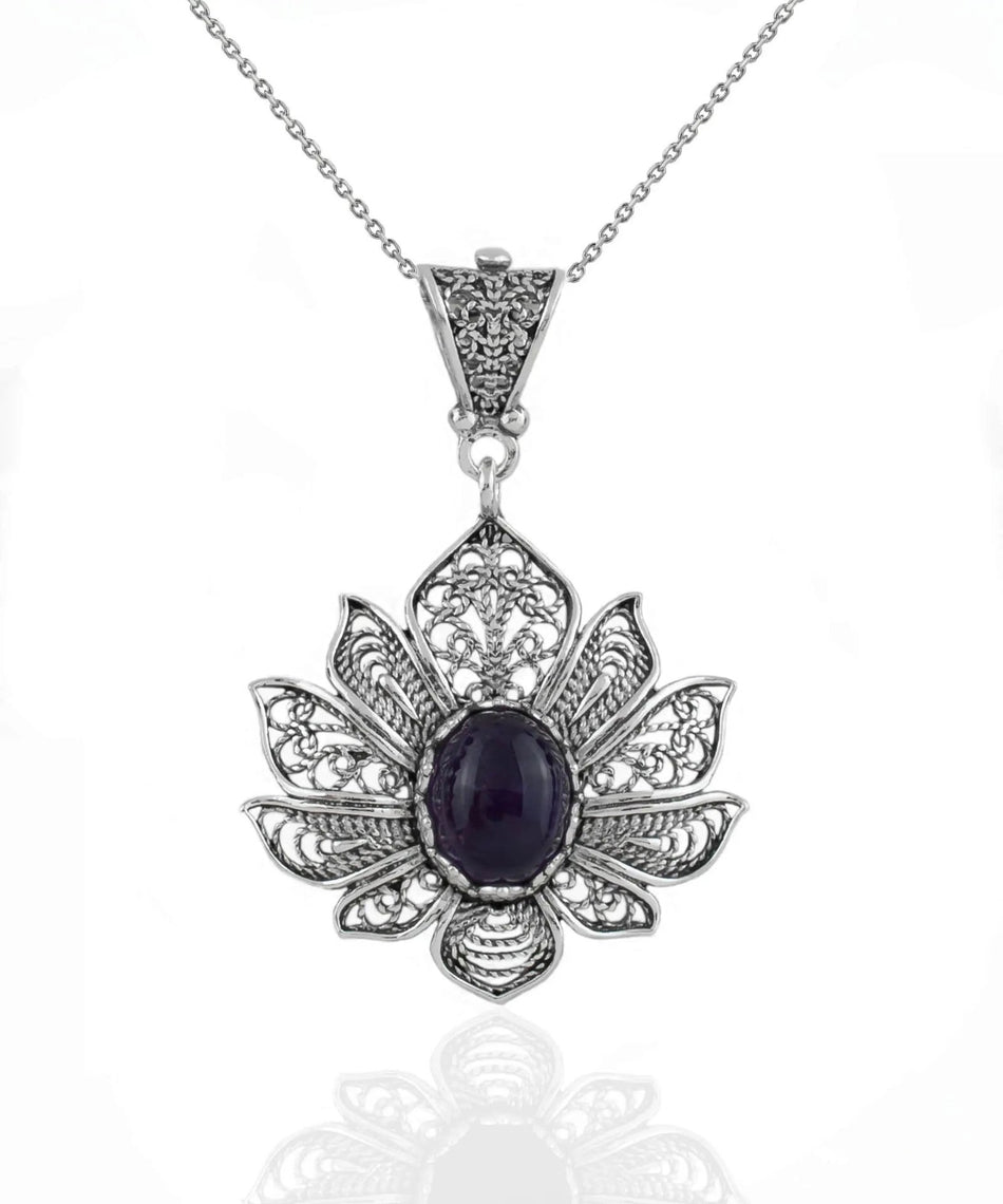 Filigree Art Amethyst Gemstone Lotus Flower Women Silver Pendant Necklace - Drakoi Marketplace