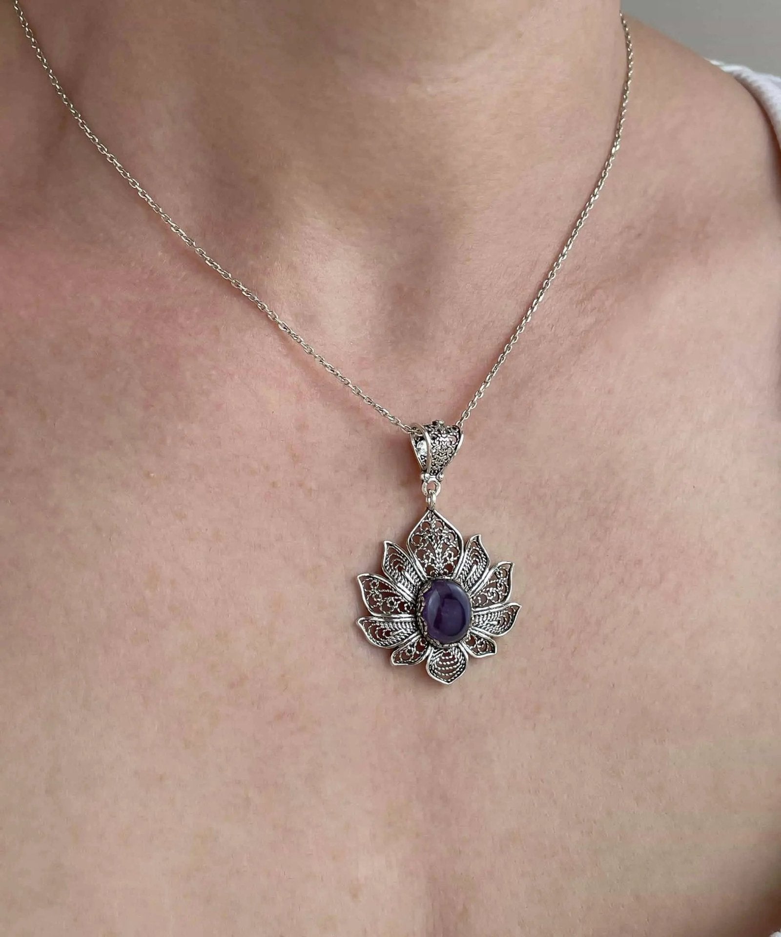 Filigree Art Amethyst Gemstone Lotus Flower Women Silver Pendant Necklace - Drakoi Marketplace