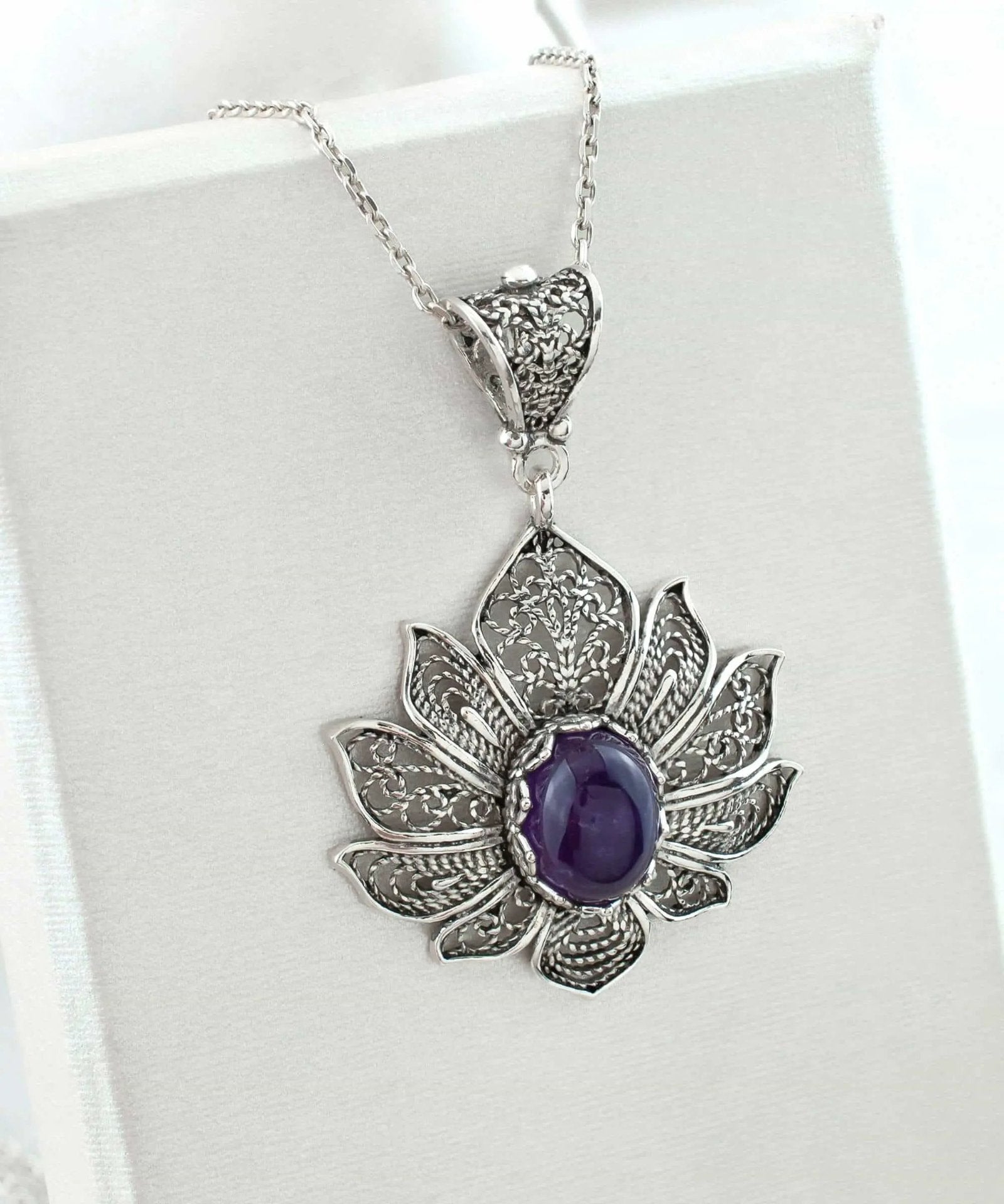 Filigree Art Amethyst Gemstone Lotus Flower Women Silver Pendant Necklace - Drakoi Marketplace