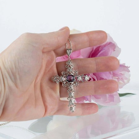 Filigree Art Amethyst Gemstone Silver Cross Design Women Pendant Necklace - Drakoi Marketplace