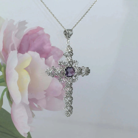 Filigree Art Amethyst Gemstone Silver Cross Design Women Pendant Necklace - Drakoi Marketplace