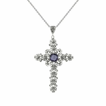 Filigree Art Amethyst Gemstone Silver Cross Design Women Pendant Necklace - Drakoi Marketplace