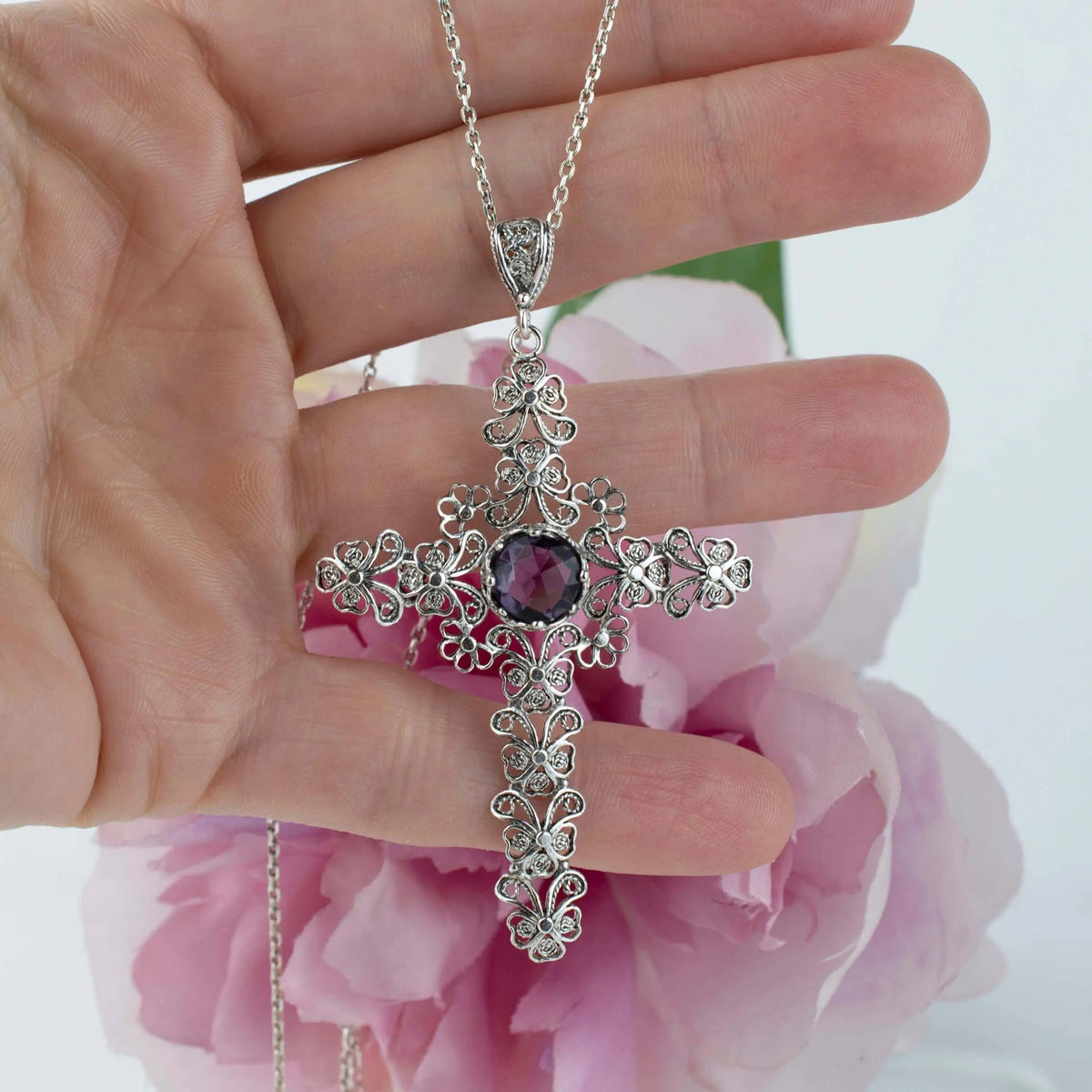 Filigree Art Amethyst Gemstone Silver Cross Design Women Pendant Necklace - Drakoi Marketplace