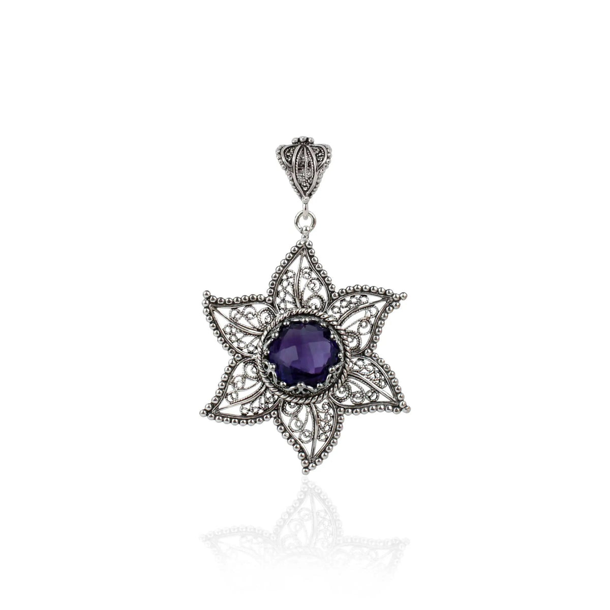 Filigree Art Amethyst Gemstone Star Design Women Silver Pendant Necklace - Drakoi Marketplace