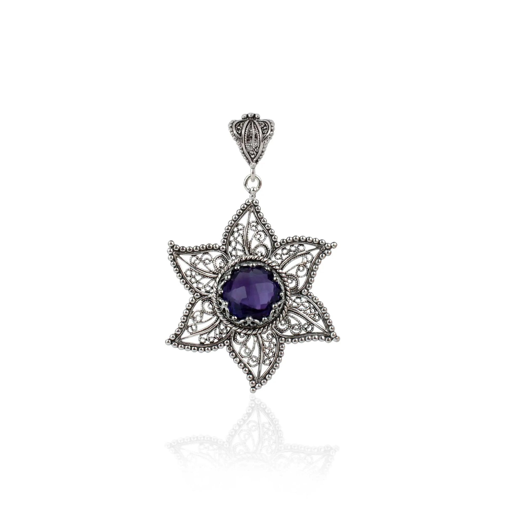 Filigree Art Amethyst Gemstone Star Design Women Silver Pendant Necklace - Drakoi Marketplace