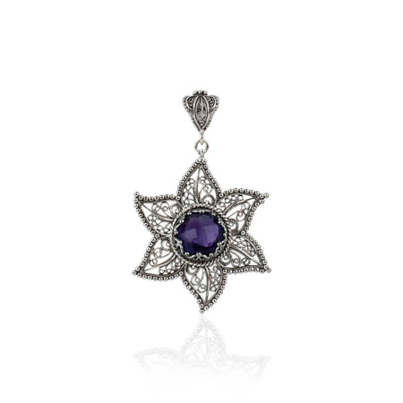 Filigree Art Amethyst Gemstone Star Design Women Silver Pendant Necklace - Drakoi Marketplace