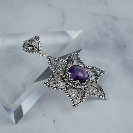 Filigree Art Amethyst Gemstone Star Design Women Silver Pendant Necklace - Drakoi Marketplace