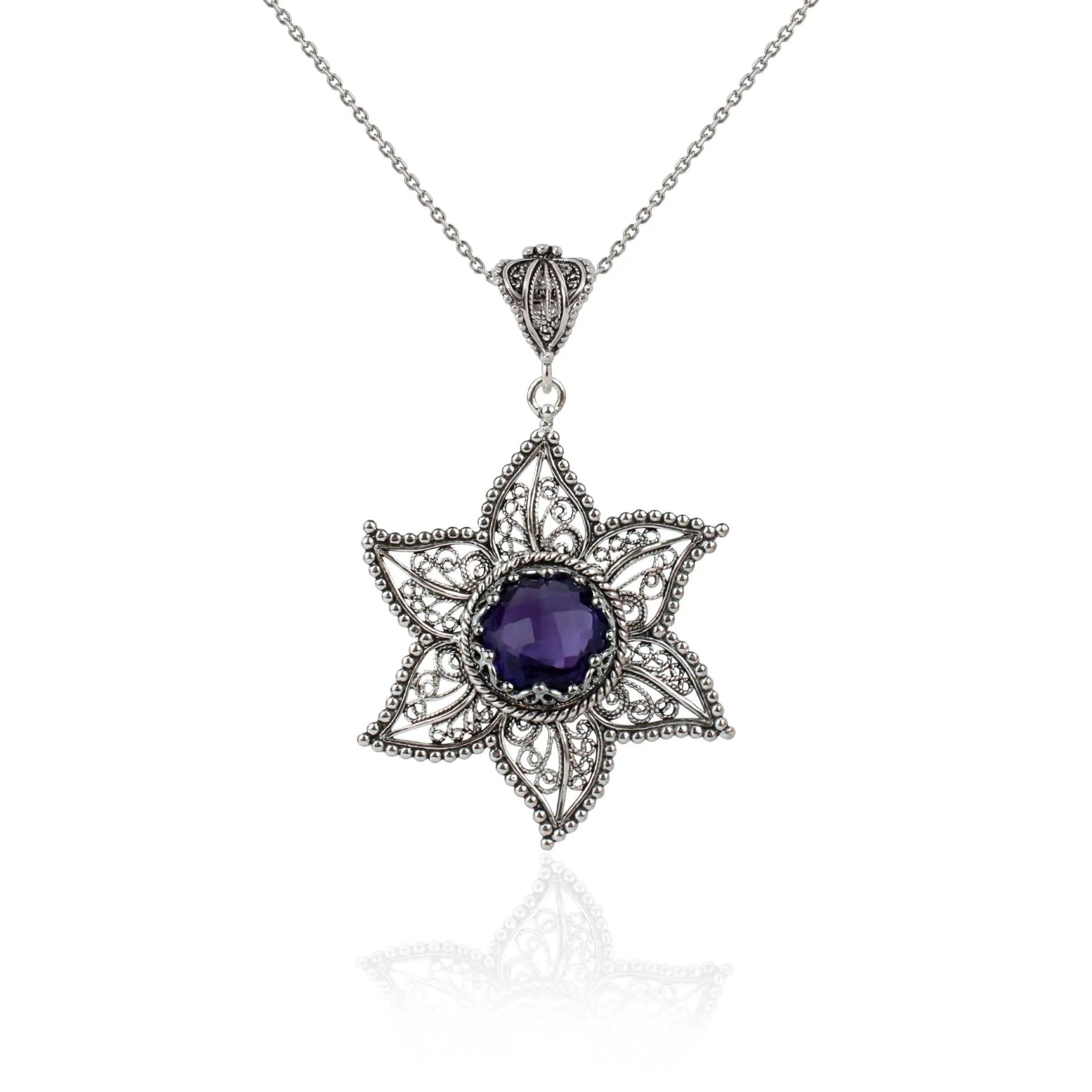 Filigree Art Amethyst Gemstone Star Design Women Silver Pendant Necklace - Drakoi Marketplace