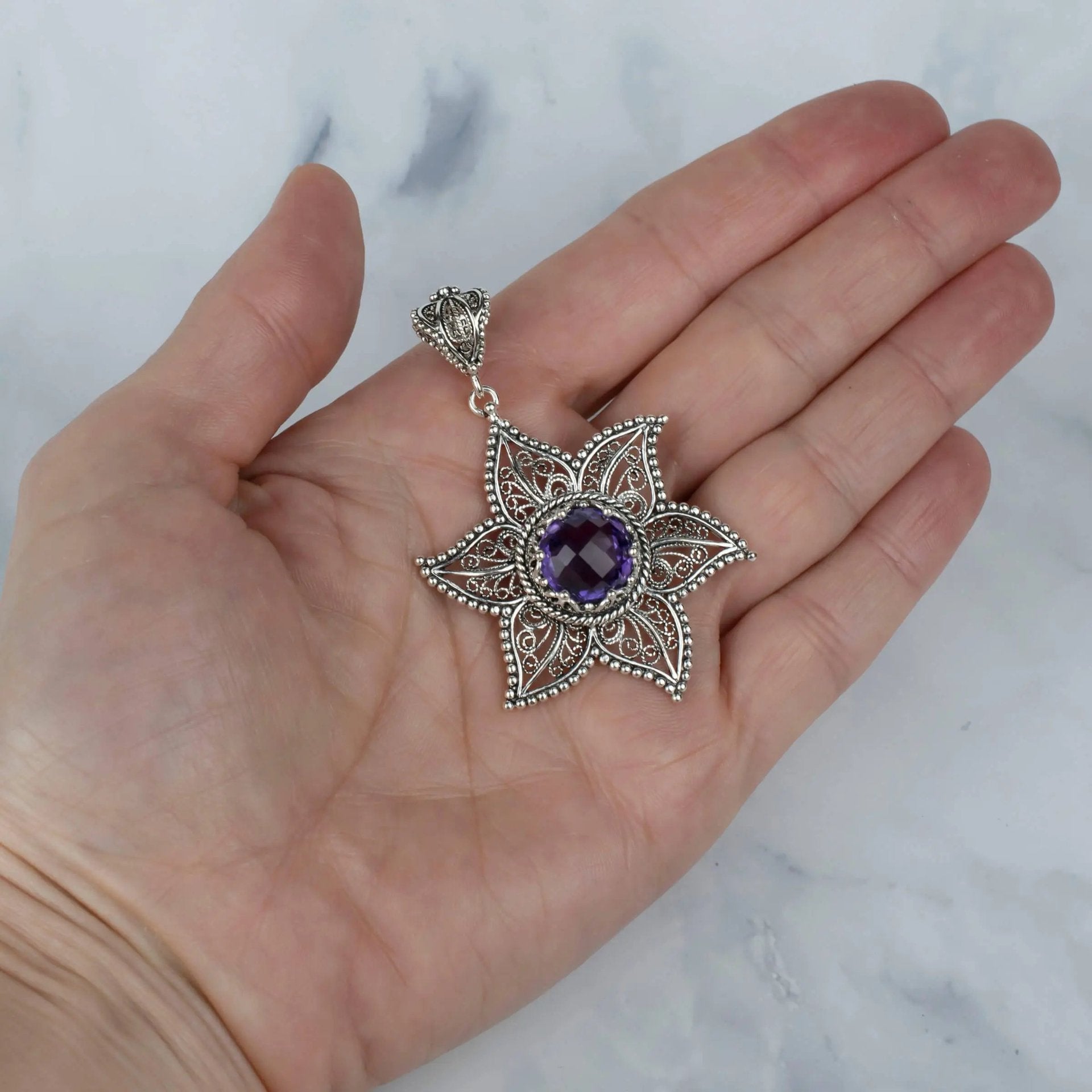 Filigree Art Amethyst Gemstone Star Design Women Silver Pendant Necklace - Drakoi Marketplace