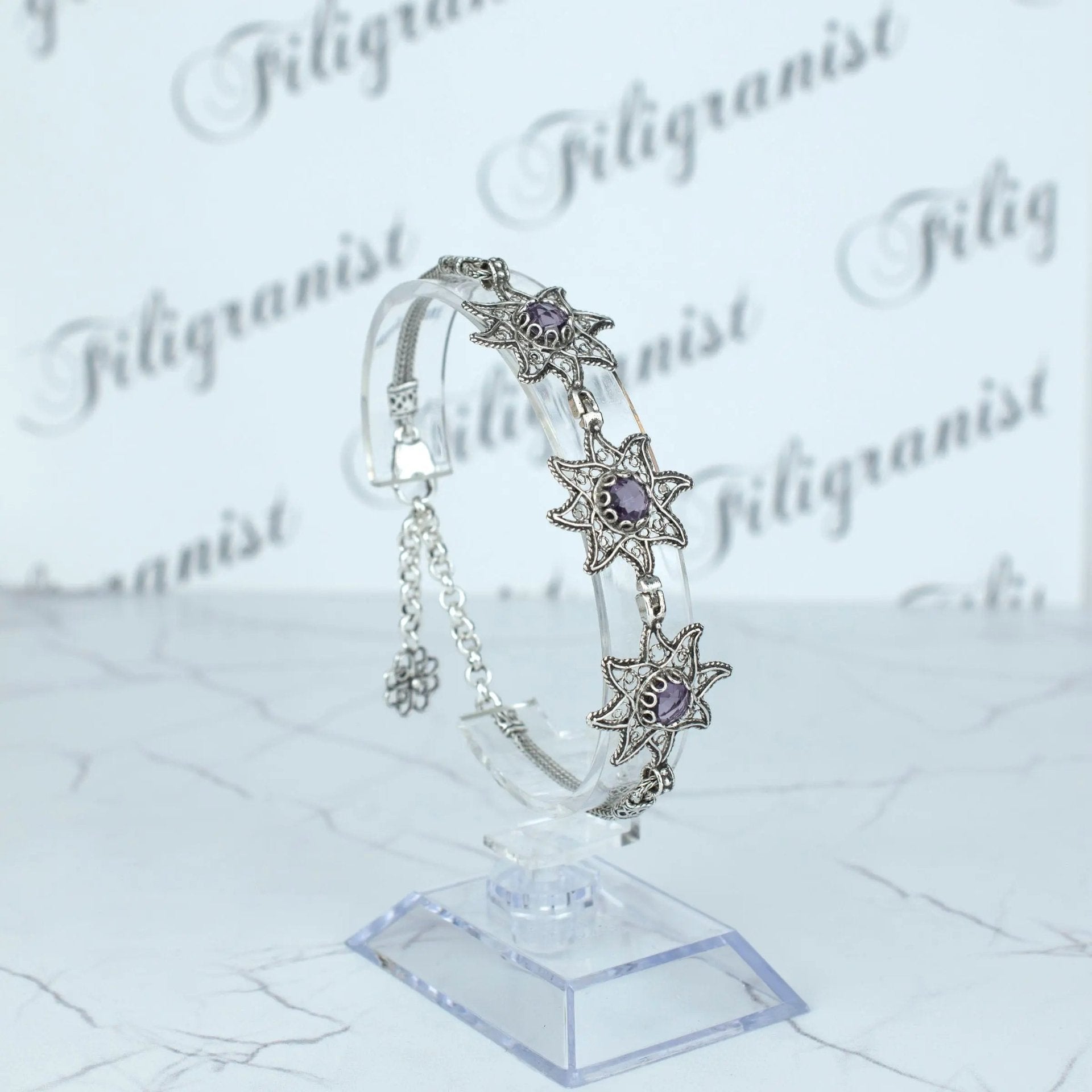 Filigree Art Amethyst Gemstone Star Figured Women Silver Link Bracelet - Drakoi Marketplace