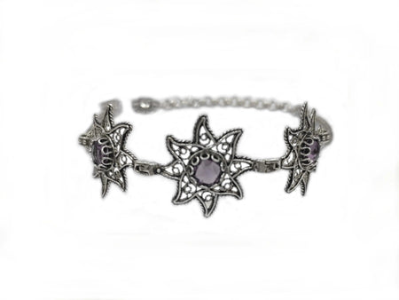 Filigree Art Amethyst Gemstone Star Figured Women Silver Link Bracelet - Drakoi Marketplace