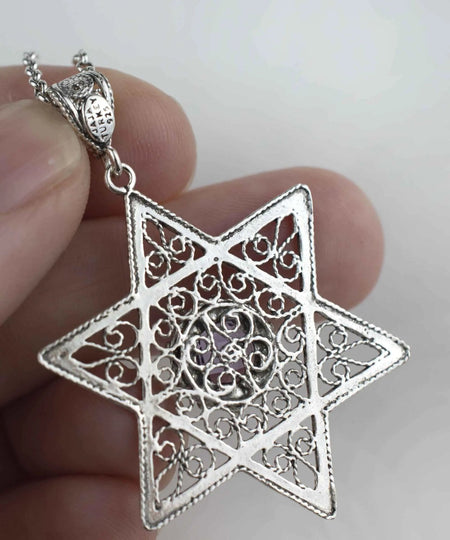 Filigree Art Amethyst Gemstone Star of David Women Silver Pendant Necklace - Drakoi Marketplace