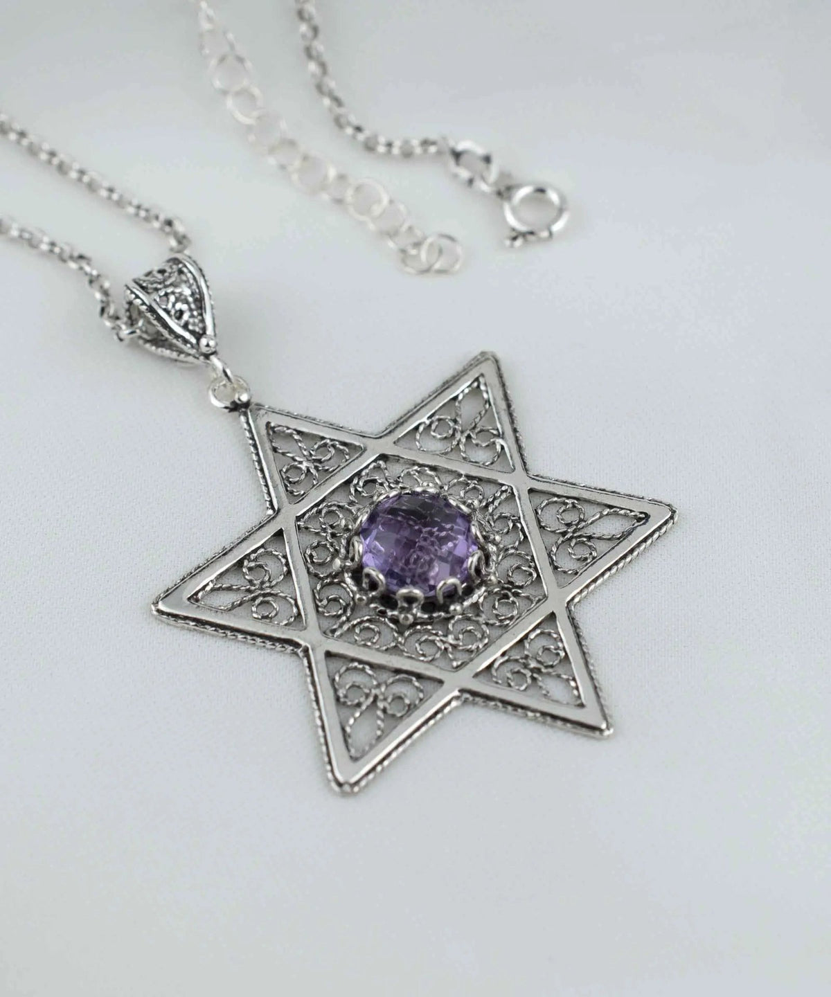 Filigree Art Amethyst Gemstone Star of David Women Silver Pendant Necklace - Drakoi Marketplace