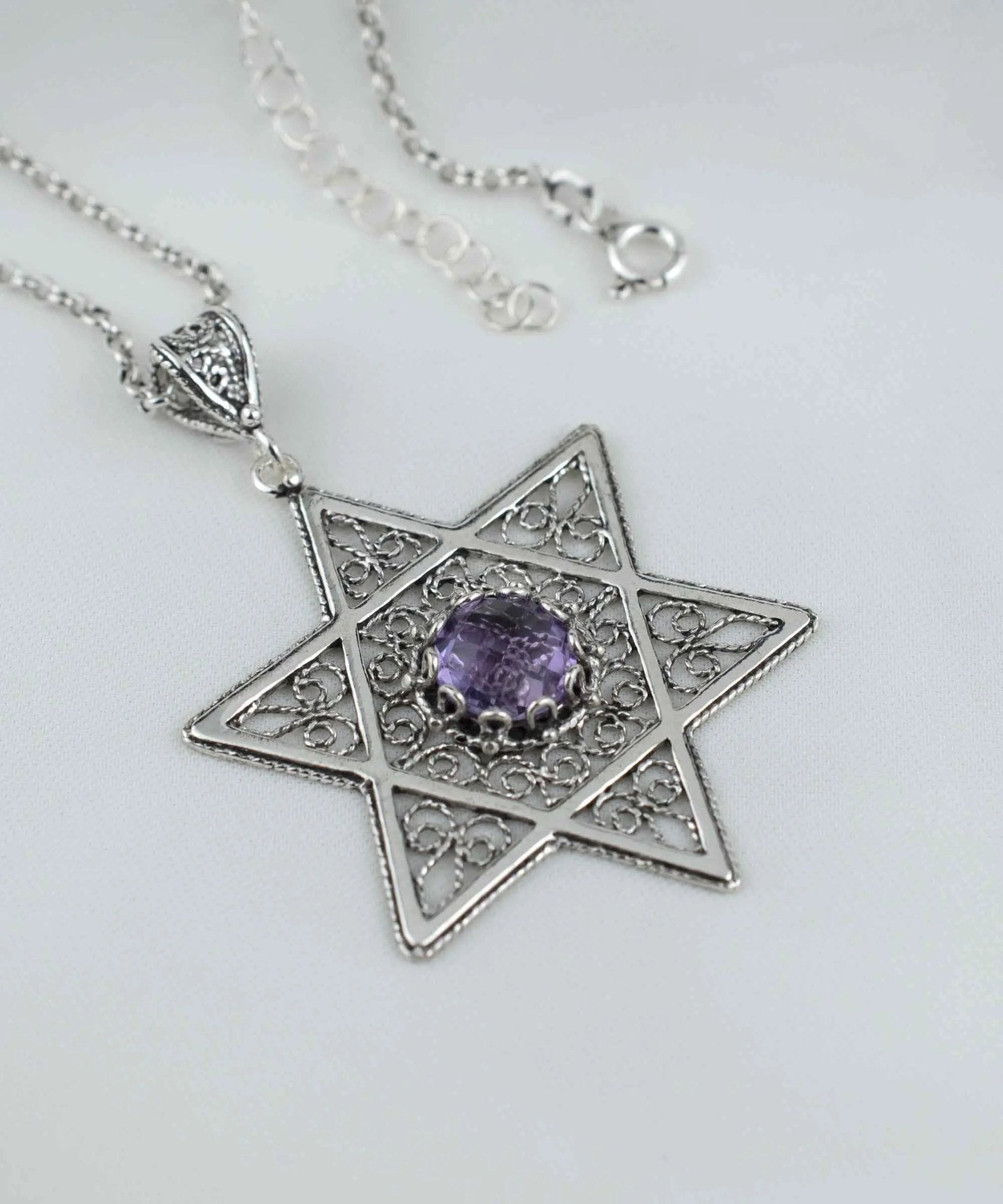 Filigree Art Amethyst Gemstone Star of David Women Silver Pendant Necklace - Drakoi Marketplace