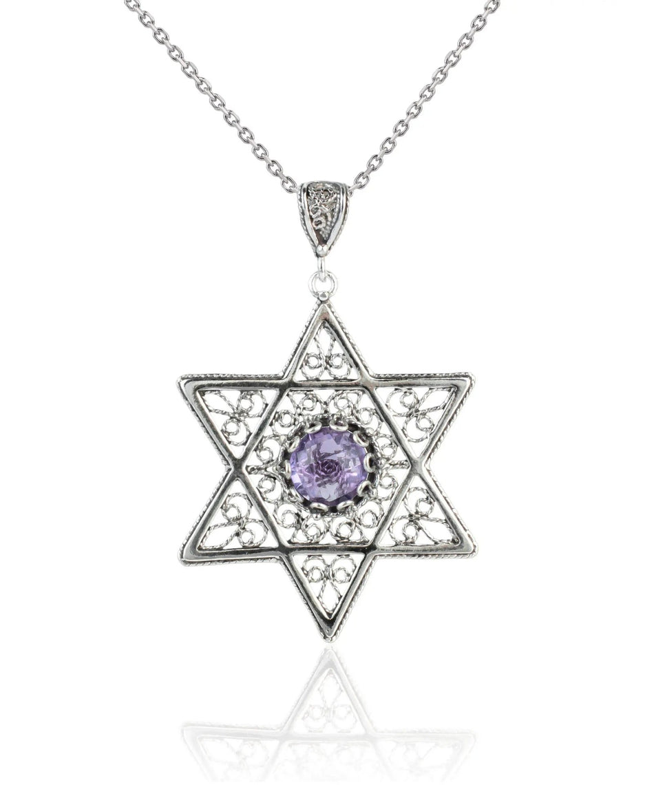 Filigree Art Amethyst Gemstone Star of David Women Silver Pendant Necklace - Drakoi Marketplace