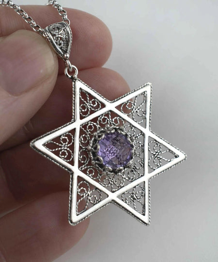 Filigree Art Amethyst Gemstone Star of David Women Silver Pendant Necklace - Drakoi Marketplace