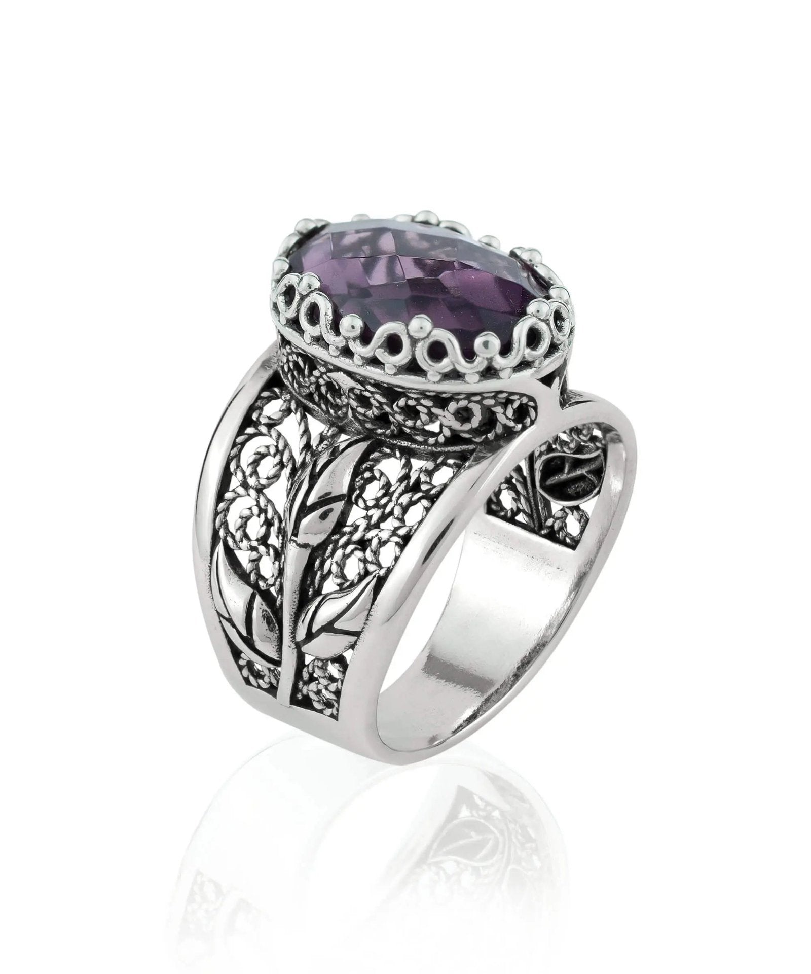 Filigree Art Amethyst Gemstone Tulip Detailed Silver Women Statement Ring - Drakoi Marketplace