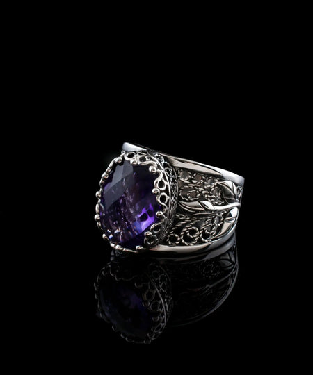 Filigree Art Amethyst Gemstone Tulip Detailed Silver Women Statement Ring - Drakoi Marketplace