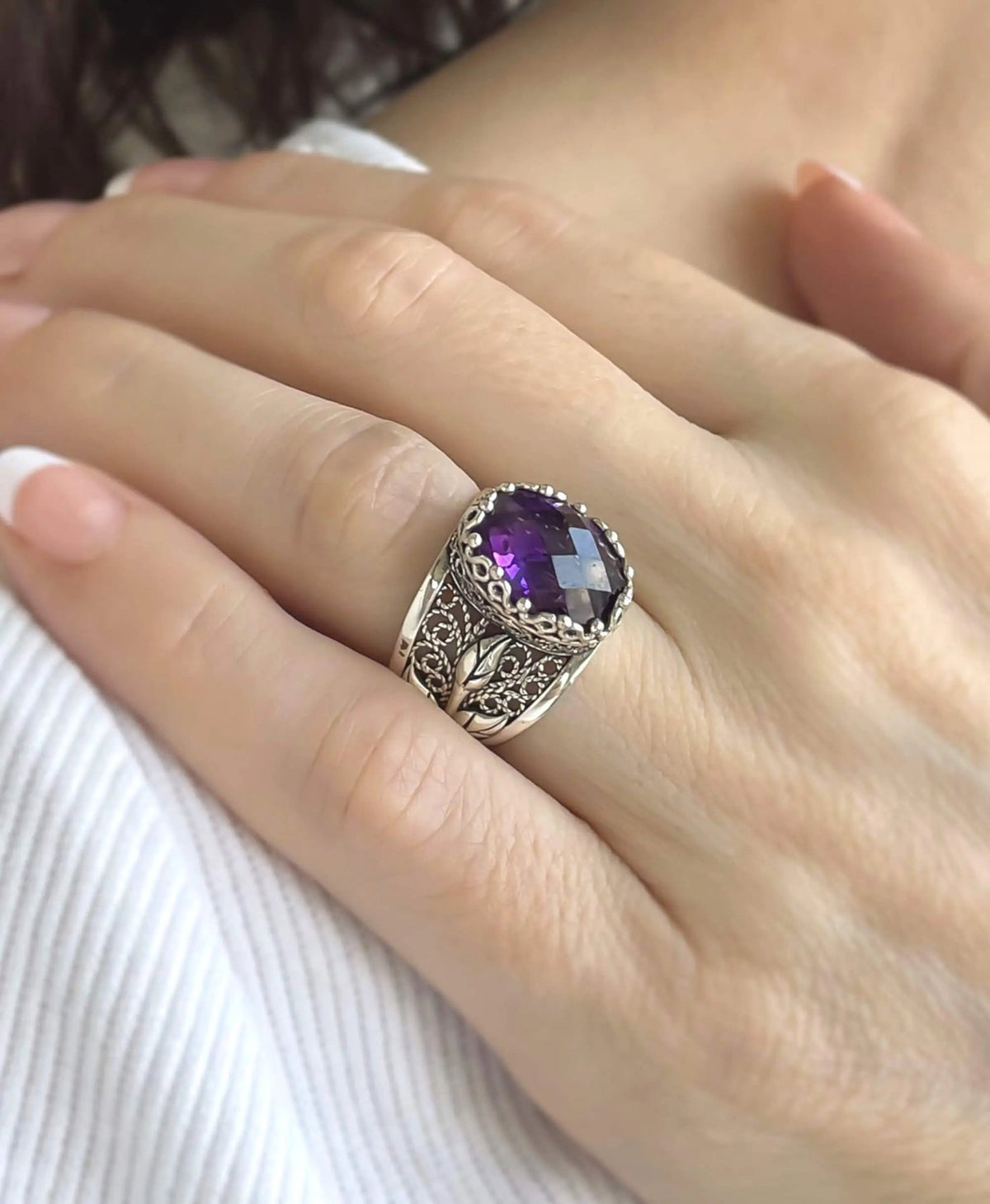 Filigree Art Amethyst Gemstone Tulip Detailed Silver Women Statement Ring - Drakoi Marketplace