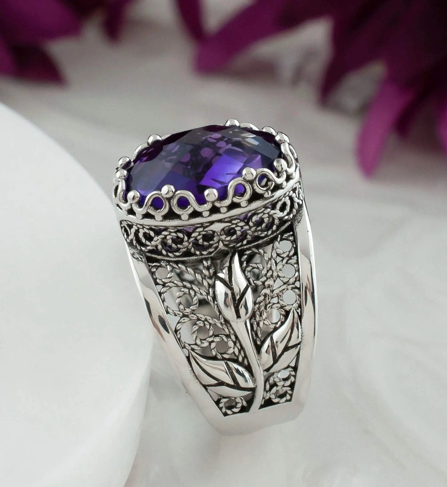 Filigree Art Amethyst Gemstone Tulip Detailed Silver Women Statement Ring - Drakoi Marketplace