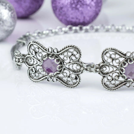 Filigree Art Amethyst Gemstone Women Butterfly Silver Link Bracelet - Drakoi Marketplace