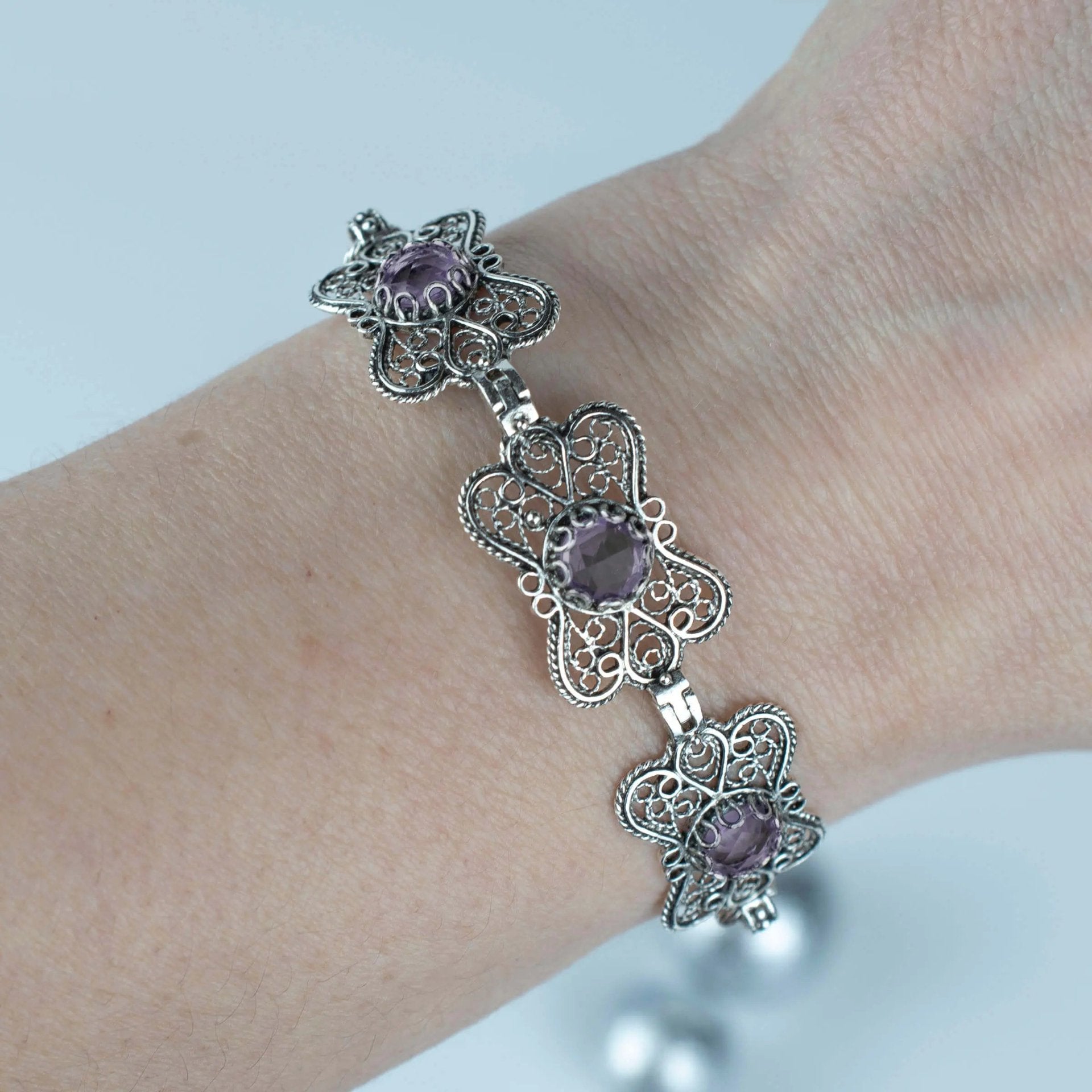 Filigree Art Amethyst Gemstone Women Butterfly Silver Link Bracelet - Drakoi Marketplace