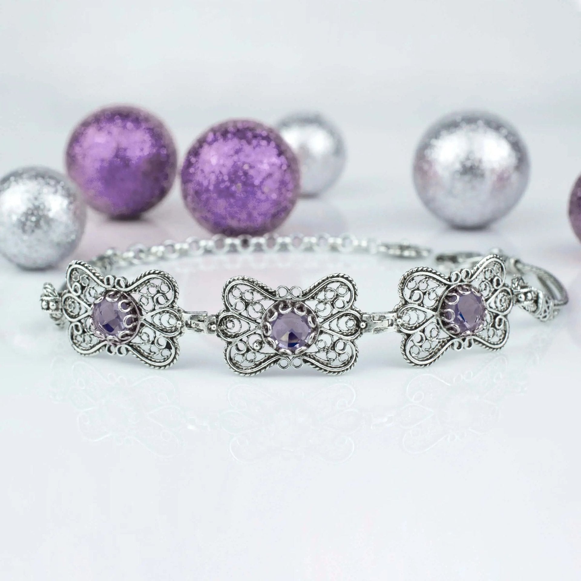 Filigree Art Amethyst Gemstone Women Butterfly Silver Link Bracelet - Drakoi Marketplace