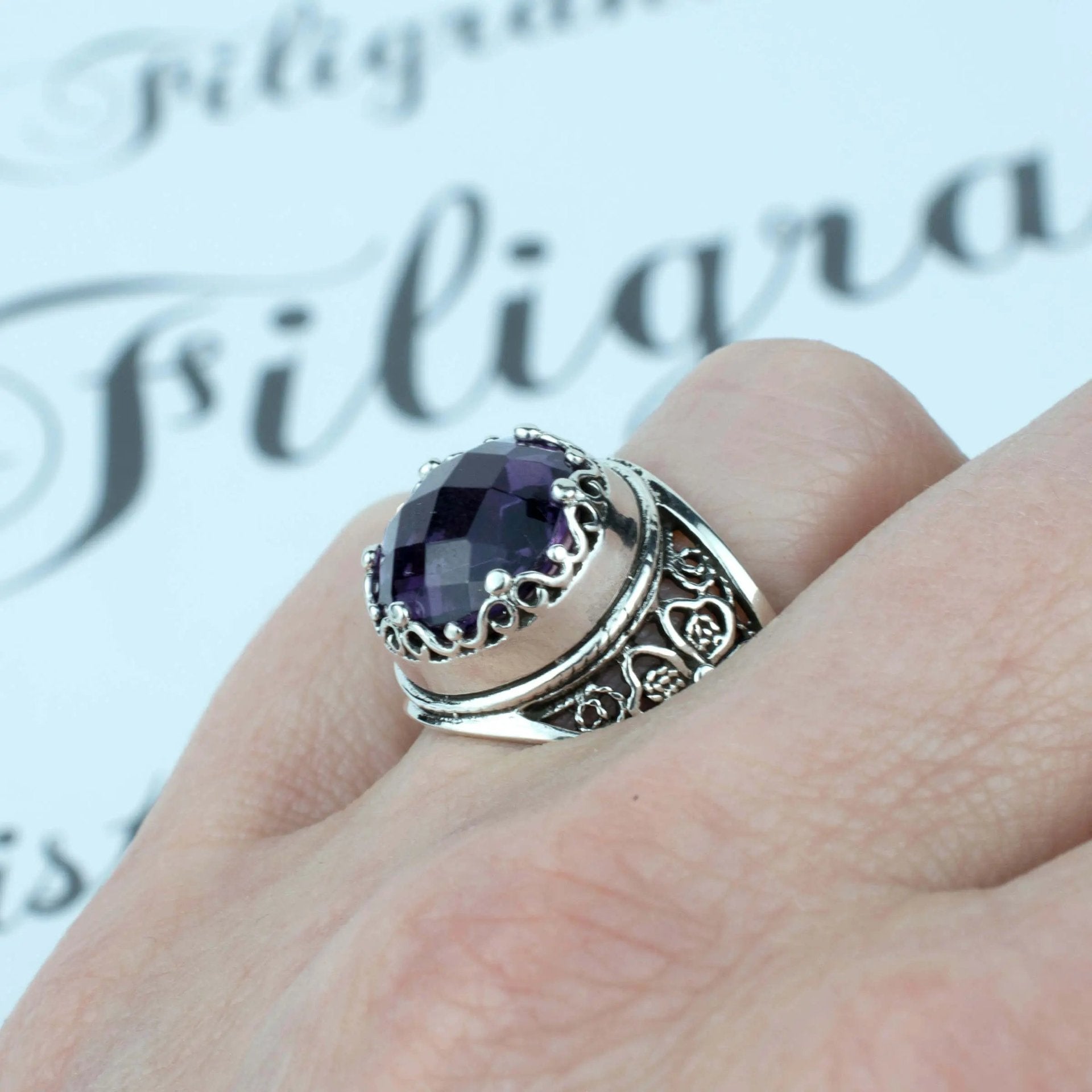 Filigree Art Amethyst Gemstone Women Crown Silver Statement Ring - Drakoi Marketplace