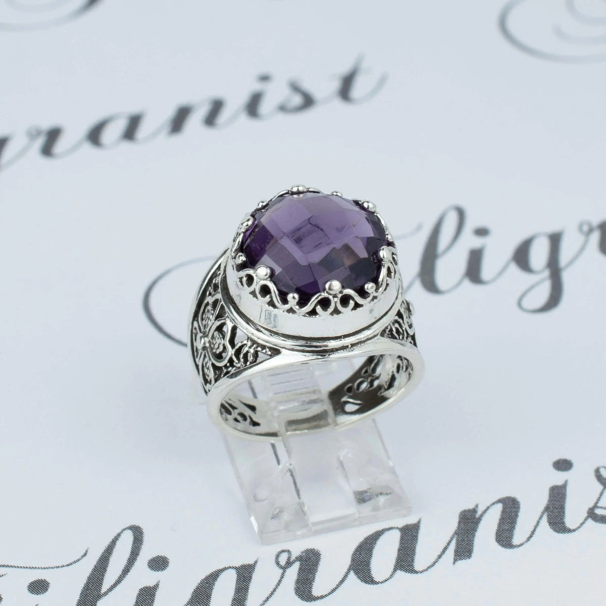 Filigree Art Amethyst Gemstone Women Crown Silver Statement Ring - Drakoi Marketplace