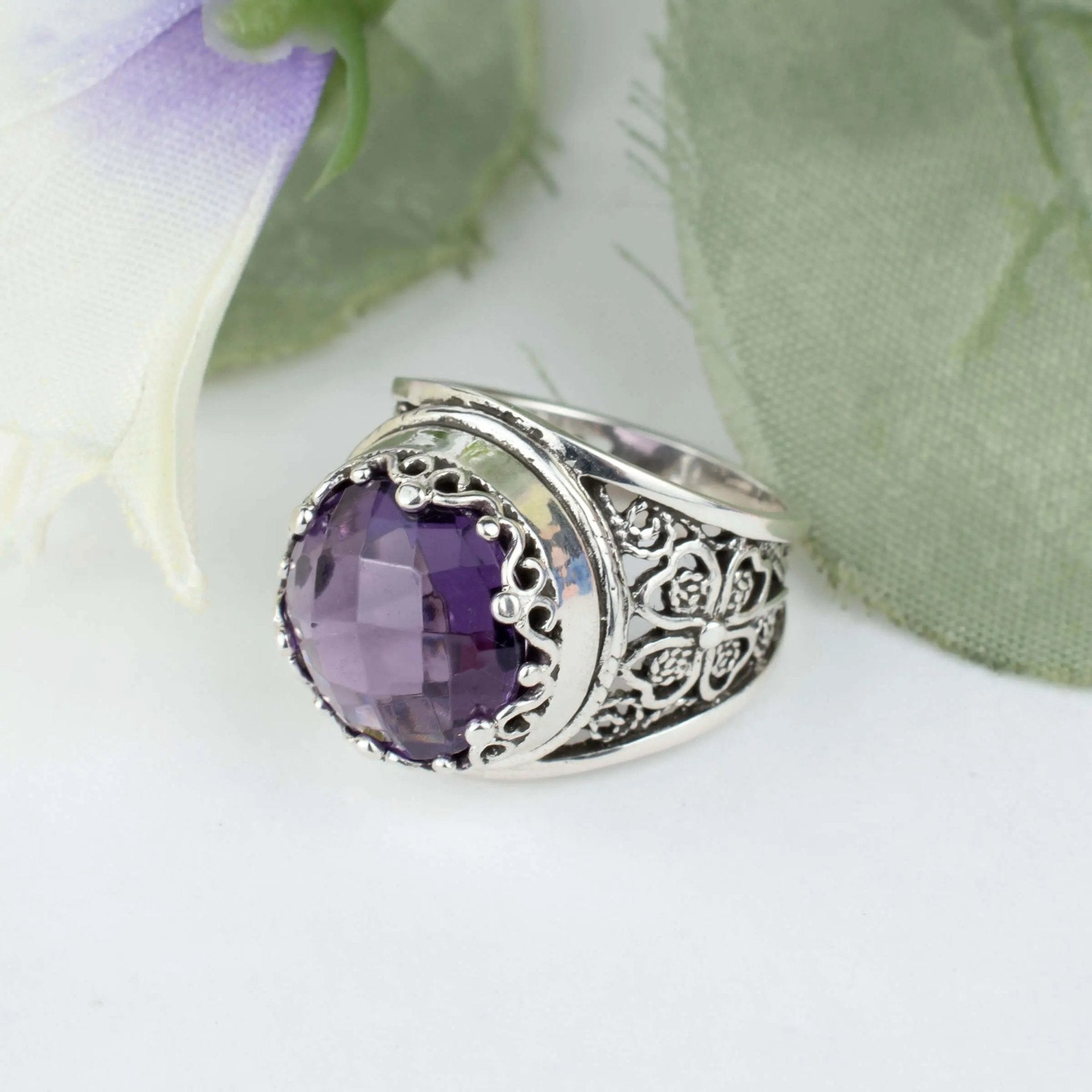 Filigree Art Amethyst Gemstone Women Crown Silver Statement Ring - Drakoi Marketplace