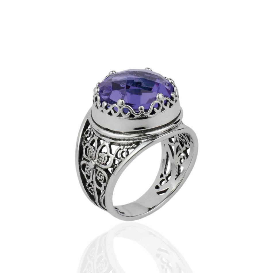 Filigree Art Amethyst Gemstone Women Crown Silver Statement Ring - Drakoi Marketplace