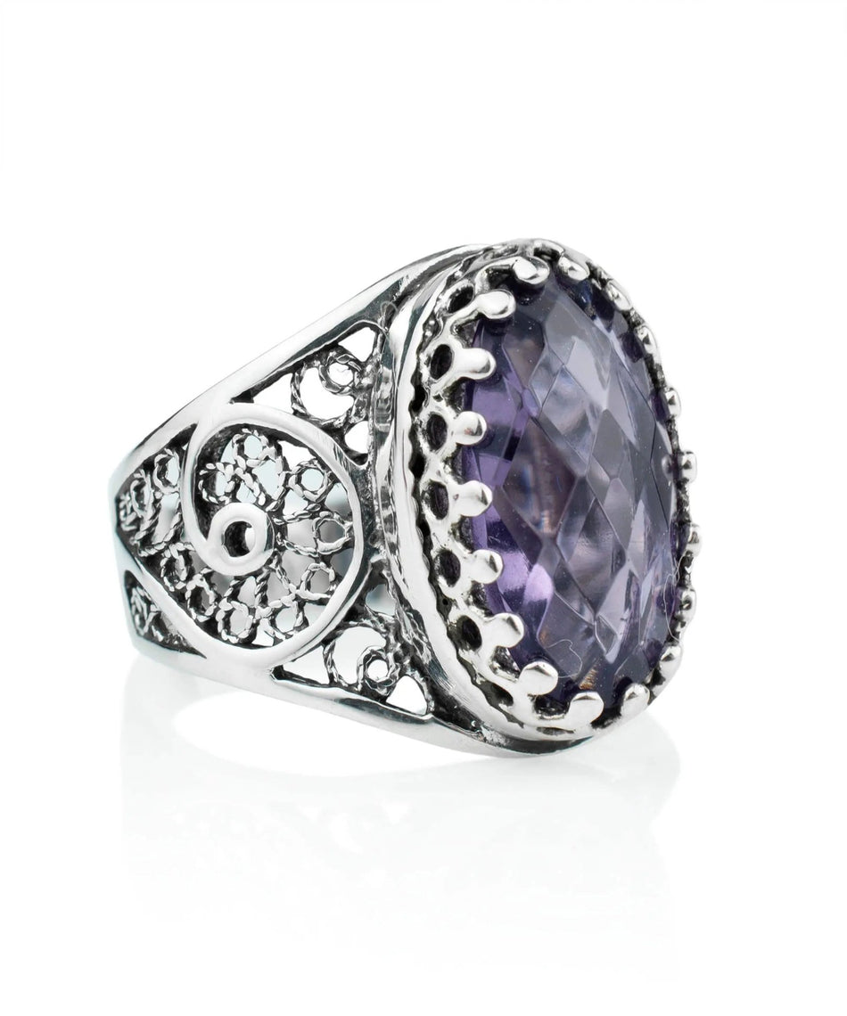 Filigree Art Amethyst Gemstone Women Oval Silver Cocktail Ring - Drakoi Marketplace