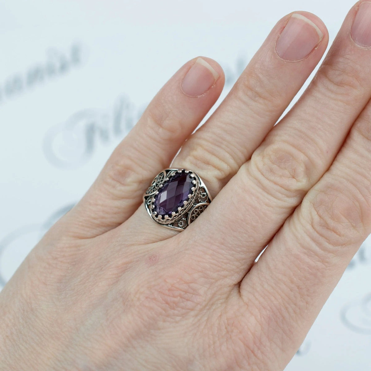 Filigree Art Amethyst Gemstone Women Oval Silver Cocktail Ring - Drakoi Marketplace