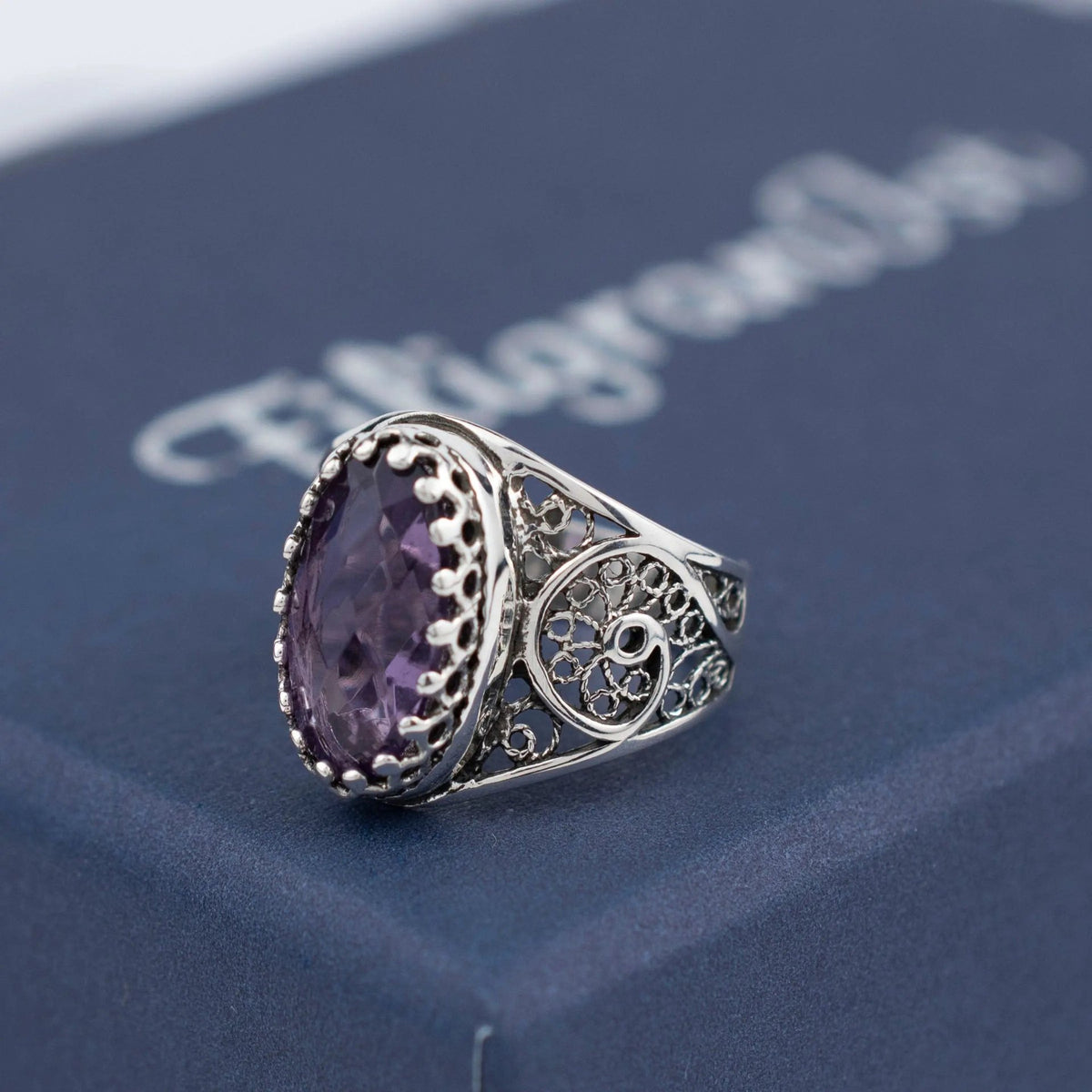 Filigree Art Amethyst Gemstone Women Oval Silver Cocktail Ring - Drakoi Marketplace